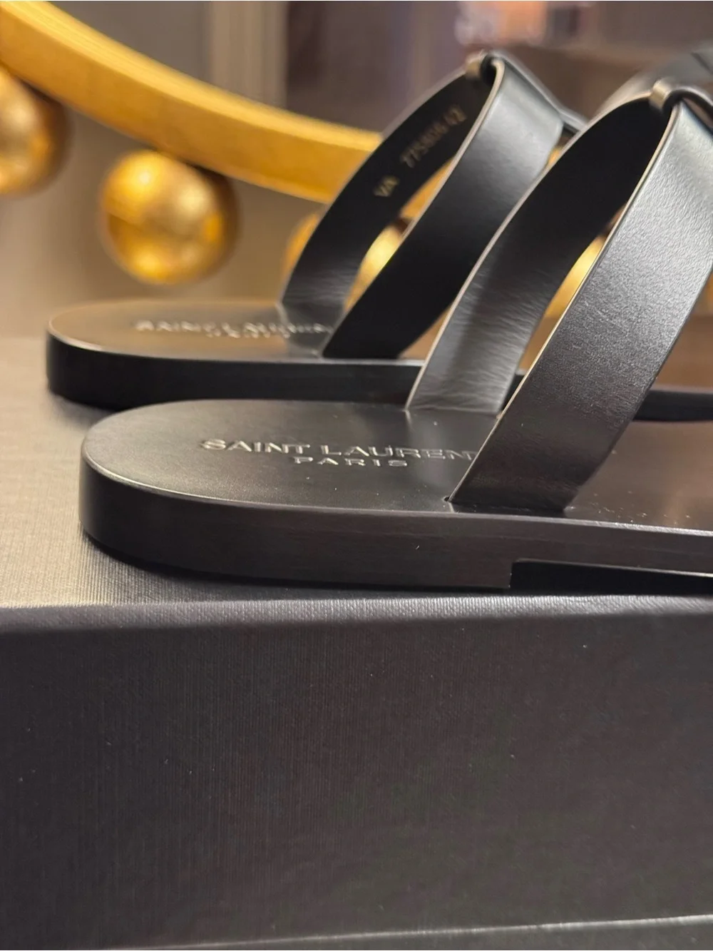AUTHENTIC SAINT LAURENT Men Cassandre Leather Slides In Black - Size EU 42